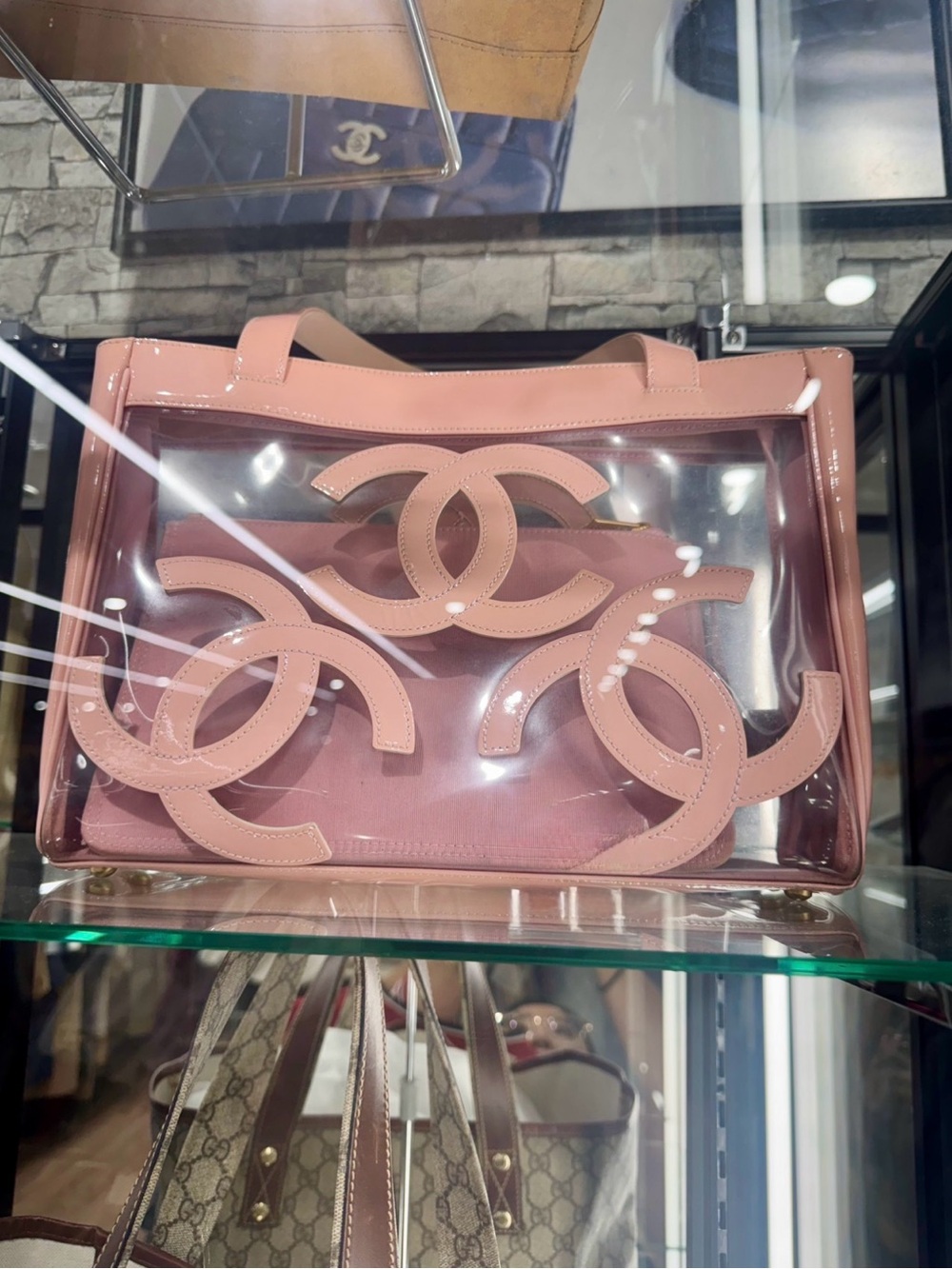 CHANEL Vintage 2000's
Triple CC Pink Vinyl Beach Tote Handbag
With Pouch